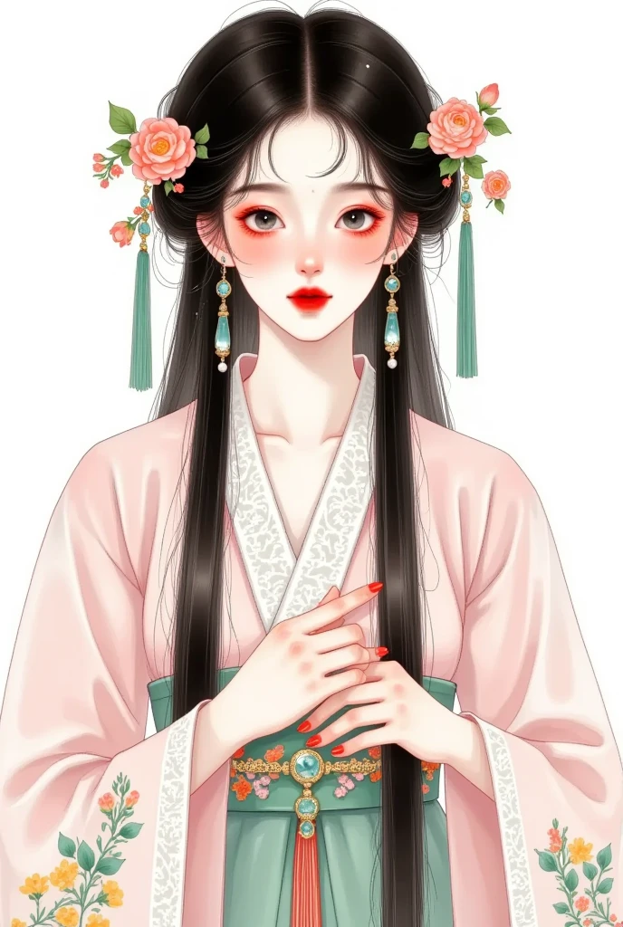 1 Girl,bead,black eyes, dark haired,, Chinese Clothes ,Shut up,skirt,earrings,gem,Jewelry,Lips,Lipstick,Long sleeve, View Audience,cosmetic,red Lips, Smile, unique ,tassel, upper body