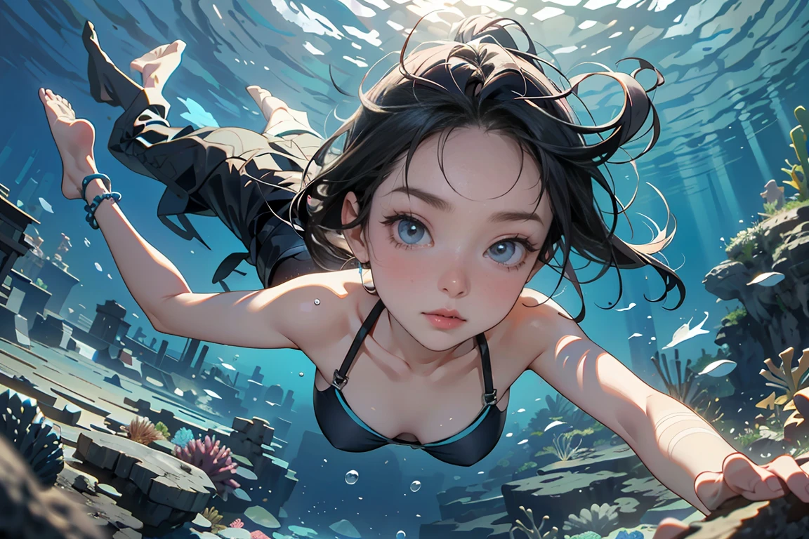 ( ANCIENT CITY UNDER THE SEA:1.2),DIVING GIRL , underwater off the ocean, open your eyes wide,looking away, closes her mouth,Diving,bikini,intense wide shot, Dynamic Angle, fisheye lens, 