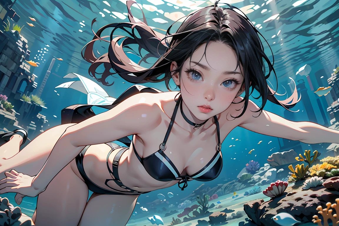 ( ANCIENT CITY UNDER THE SEA:1.2),DIVING GIRL , underwater off the ocean, open your eyes wide,looking away, closes her mouth,Diving,bikini,intense wide shot, Dynamic Angle, fisheye lens, 