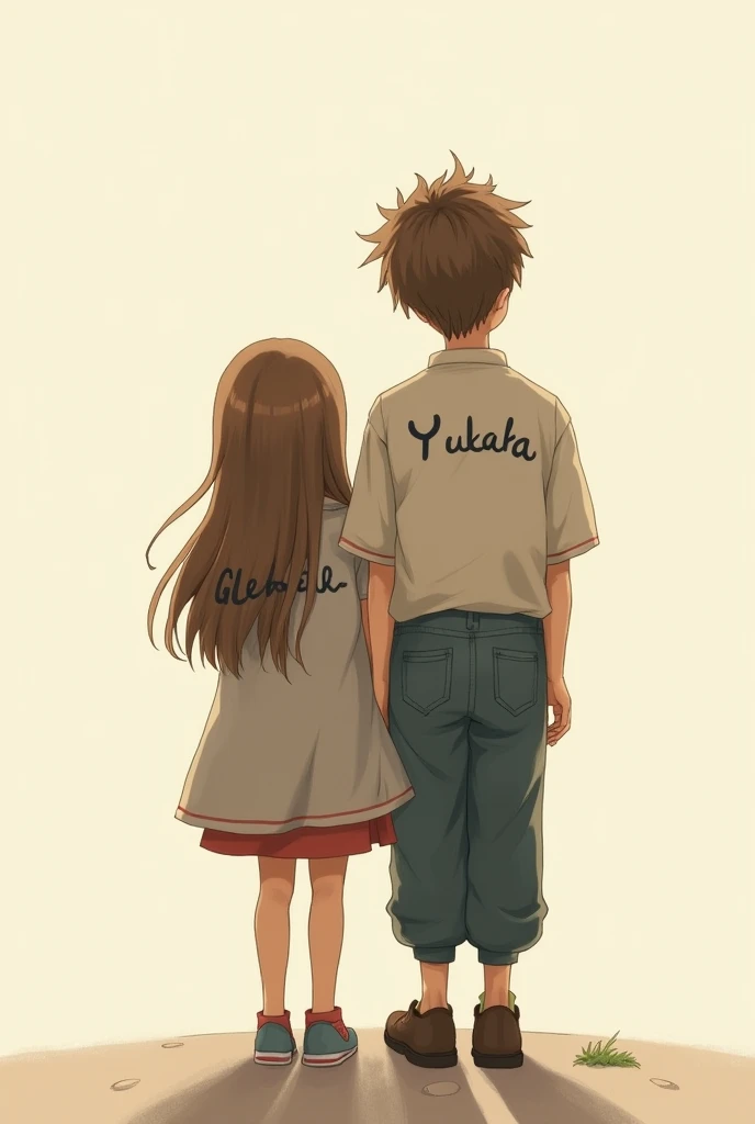 Young man with brown hair and orange t-shirt, along with a girl with black hair and white clothes with a blue dress