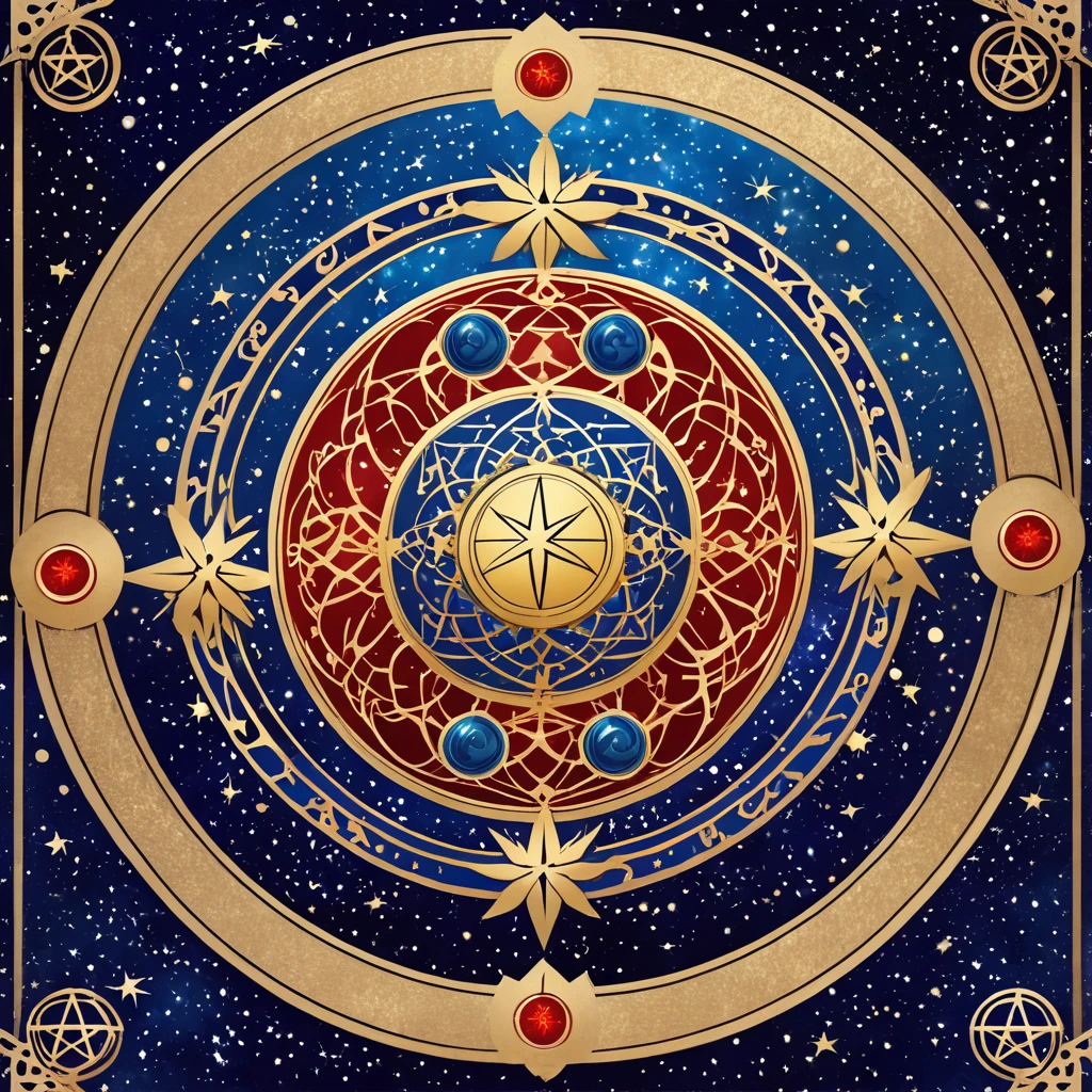  Create a photo of a detailed and elegant logo for an esoteric Tarot and Astrology channel.  The design must feature a central symbol ,  like a mystical Tarot card floating on a mystical esoteric background . Around some stars ,  details in shades of blue and red ,  evoking Yin and Yang energies . Magical and esoteric atmosphere ,  with a touch of elegance and mystery with some golden details such as gold .  Place Hermetic symbols that refer to Hermeticism and Kabbalah and Gnosticism . 