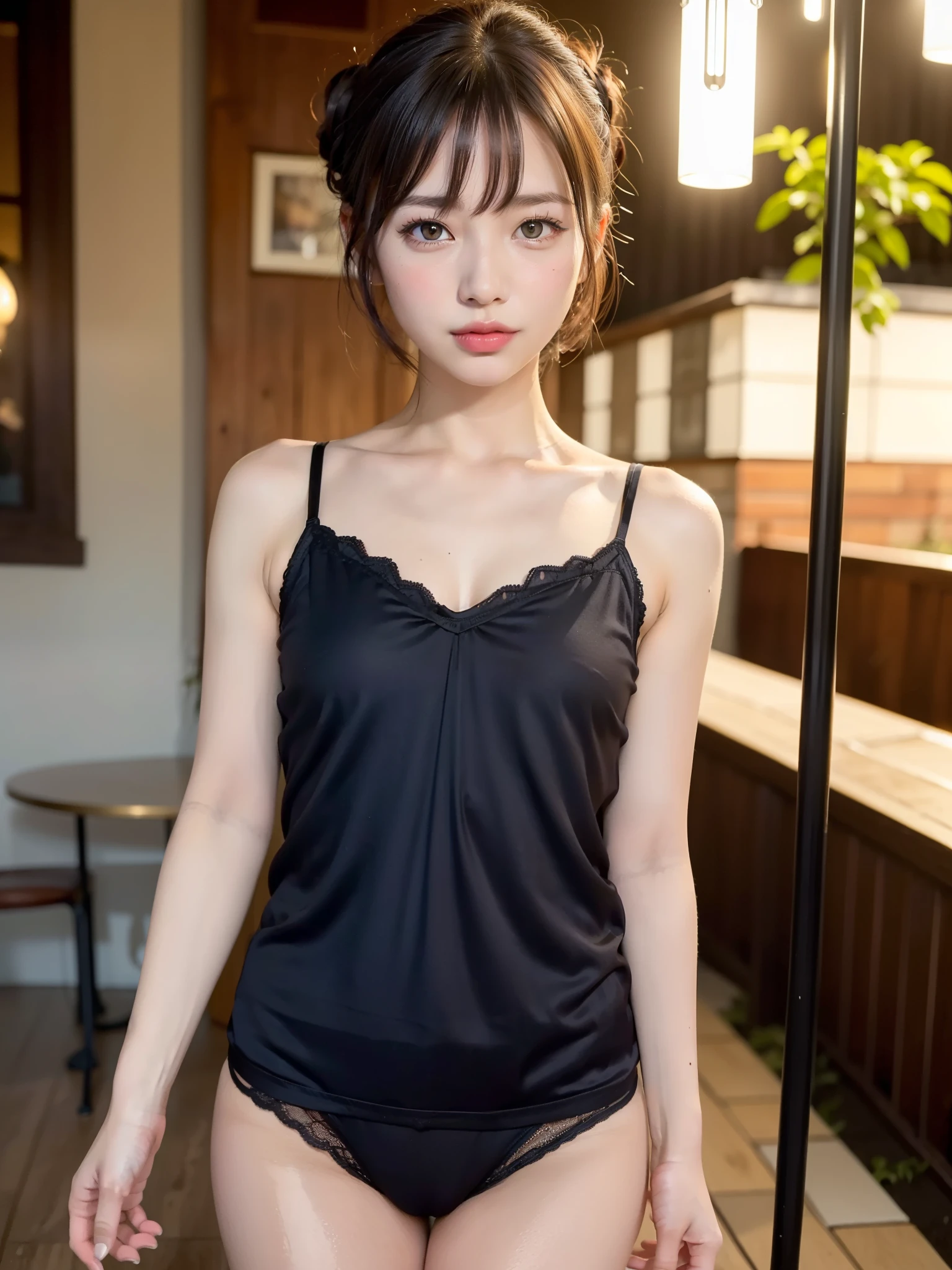 (Highest quality, masterpiece, Ultra-high resolution, 8K, RAW Photos, Realistic, Anatomically correct:1.5), (Stainless steel round bar fence:1.0, Put your elbow on the fence:1.2, 20-year-old、 Embarrassing, avert your eyes, blush:1.0, View Viewer, ((bar)) 、Night view、 Light:1.2, Bokeh, Cinema Lighting:1.0, Depth of written boundary, sharp、 Cute face、Idol、Black short sleeve lace top、Black pleated skirt、Black clothing、”dwarf”、(Floral clothes)、Full Body Shot、Cowboy Shot、(( smile))、(Ultra short hair)、 short hair, (Blunt bangs: 1.2)、(( One Girl))
