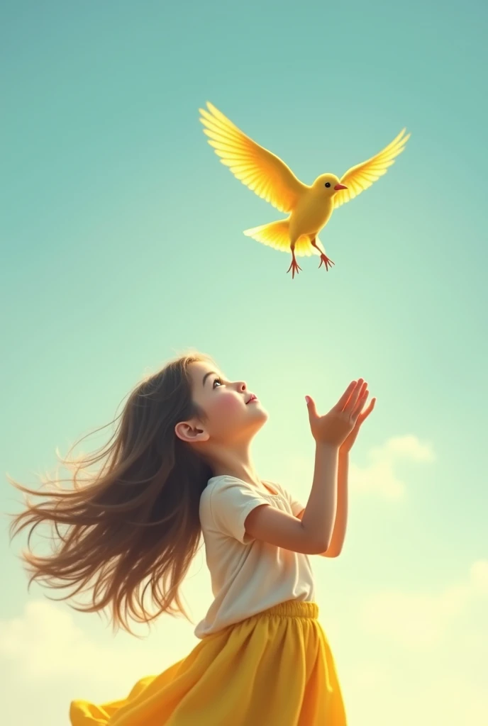 Little baby girl,stand on grass,rais her hands,flying little bird
