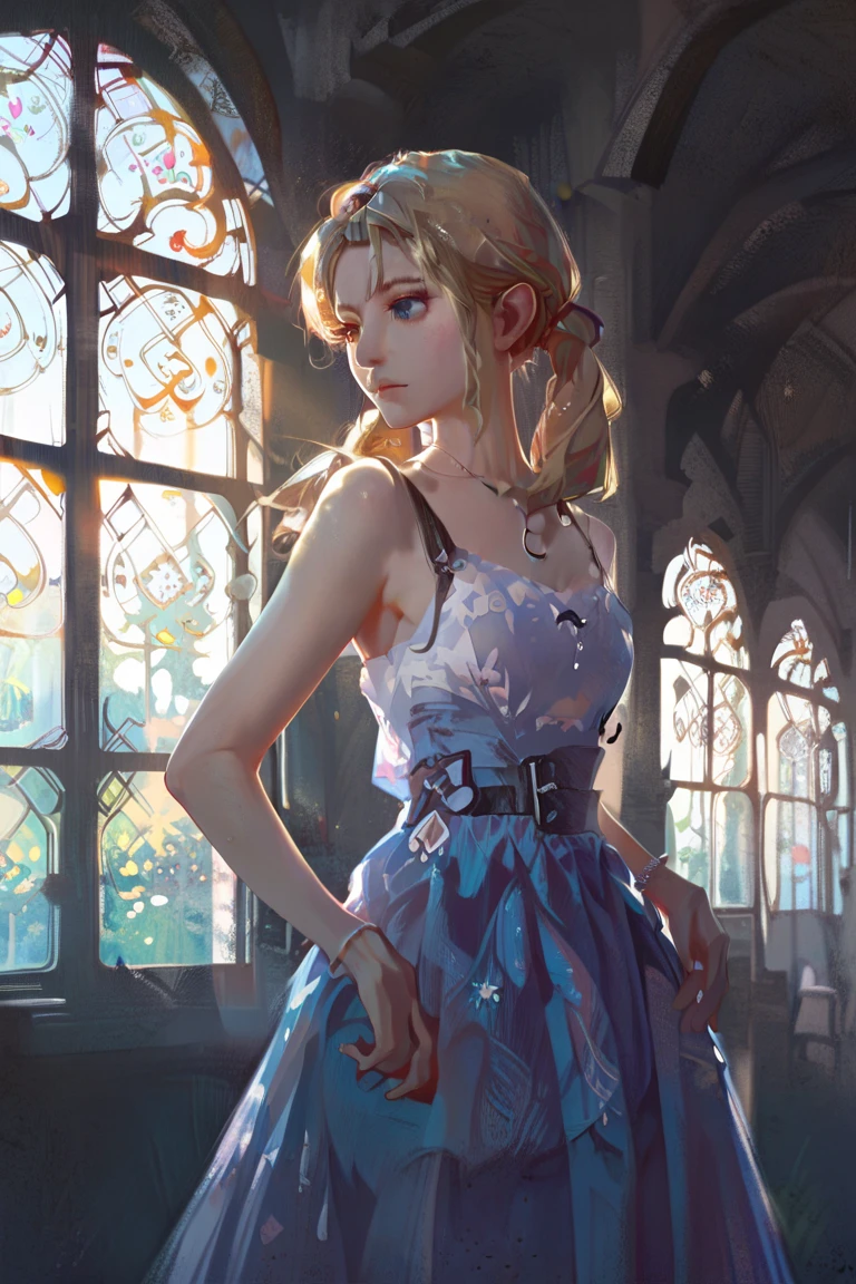 score_9, score_8_up, score_7_up, score_6_up, lldn, 1girl, standing, looking to the side, perspective shot, warm lighting, dramatic lighting, sunlight coming from the windows, blonde hair in ponytails, blue and white dress, medieval house interior