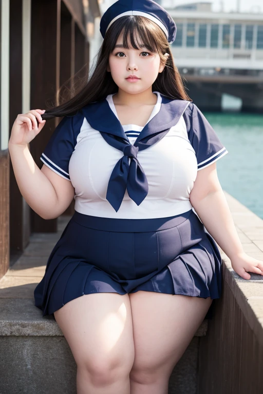1 female, Overweight, Extremely fat, ((Chubby)), cleavage, Japanese, sailor suit, nose blush, orgasm face, 4k, High resolution, masterpiece, highest quality, on the boat