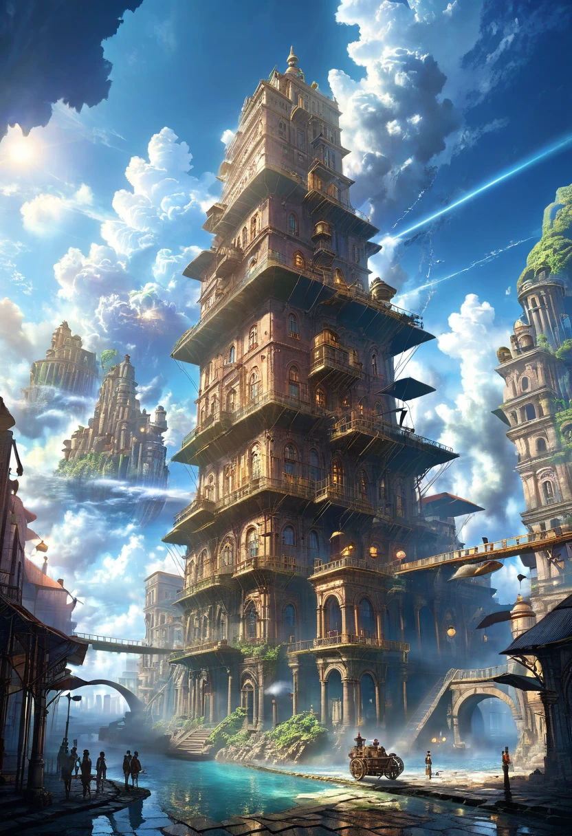 8K detailed steampunk city floating in the sky, Exquisite architecture, Mysterious Technology,  Dramatic Lighting,   dramatic cloud ,  intricate detail,  vibrant colors,   surreal, art station,  concept art,(( Ancient City Ruins))