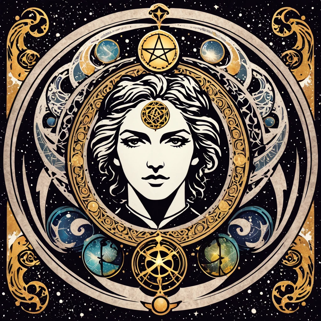  Create the photo of a detailed and elegant logo for an esoteric Tarot channel, mystical with shades of mystery ,  Astrology with the character Hermes Trismegistus in the center of the image