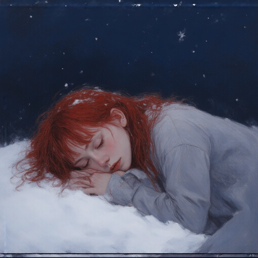 Oil painting. Night. A red-haired girl with bangs is lying in the snow in depression