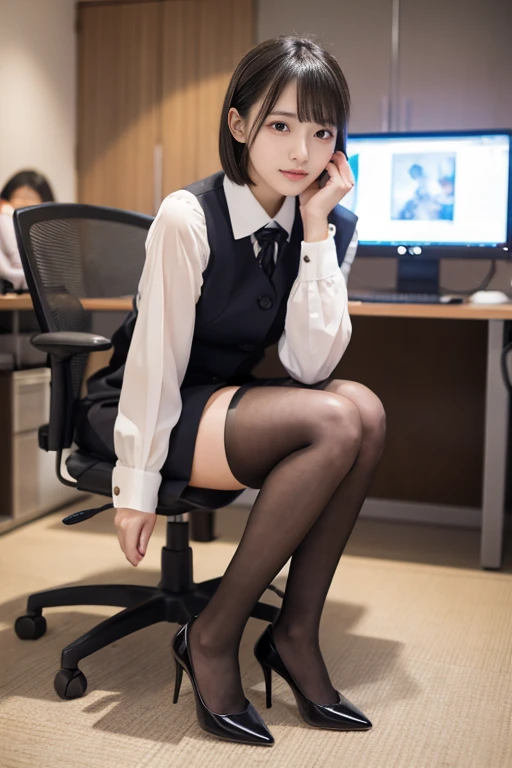 blip2_T5 The person is Asian。tight-fitting,People are thin。This person has a house。The person is beautiful,Short Untidy Hair。The costume is a black skirt,black lence stockings,Sit in a chair in the office,legs crossed。The colors in the picture are brown and white。 xkkkxx style