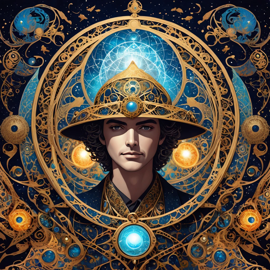  Create a detailed and elegant work of art for an esoteric and mystical channel with shades of mystery, with the character Hermes Trismegistus in the center of the image 