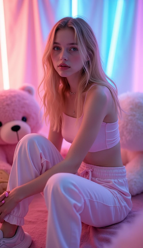 Top Quality, Masterpiece, High Resolution, 8k, wide objective, full body shot, (((skinny cute girl, barely legal, age 14), (oversized silky see-through puffer jacket with plunging Neckline, off-shoulder, short sleeves), mediumperky breasts, extremely detailed face, detailed eyes, thin eyebrow, detailed lips, no makeup, long slick ponytail side shaved hair, small hips, (in a spaceship, on a bed), dim light, dramatic and neon colors, futuristic setting, intricate details, at night, random pose, random neon colors))