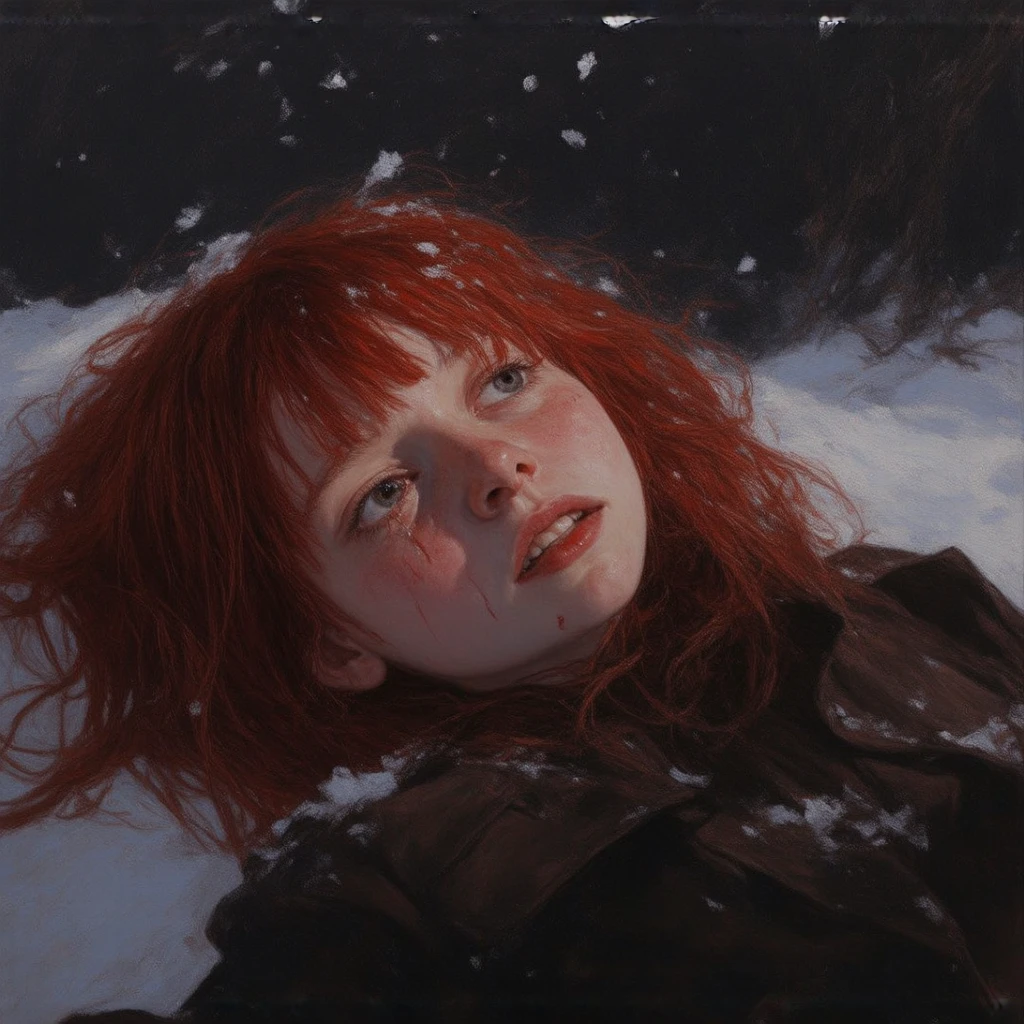 Oil painting. Night. A red-haired girl with bangs lies in the snow and cries