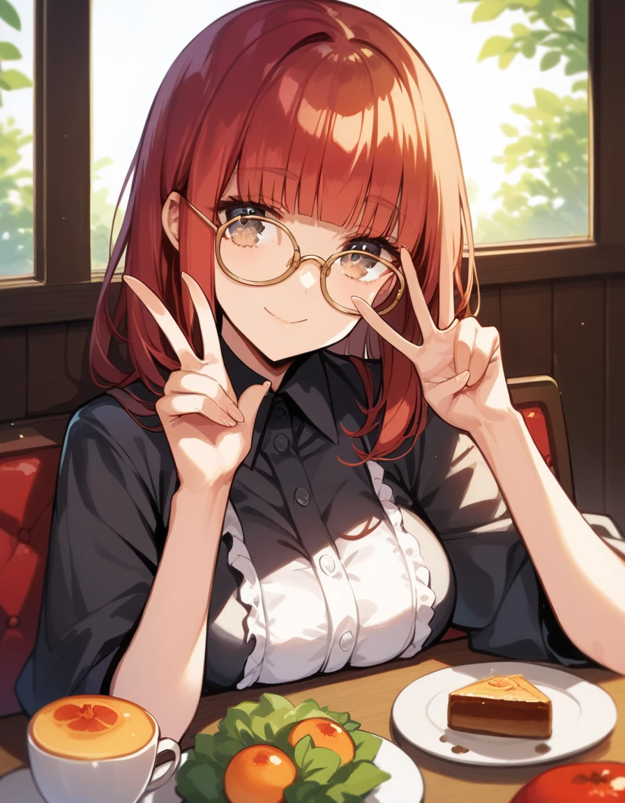  score_9,  score_8_up,  score_7_up,   Masterpiece , ultra-detailed, Beautiful eyes, 1 person, Alone,((adult)), Red Hair,  Medium Hair ,hime cut,, Half-open eyes,  dark eyes,  black shirt ,   make peace signs at the entrance of a cafe , Emotionless, Black round glasses, Yellowish glasses , White background, simple background,