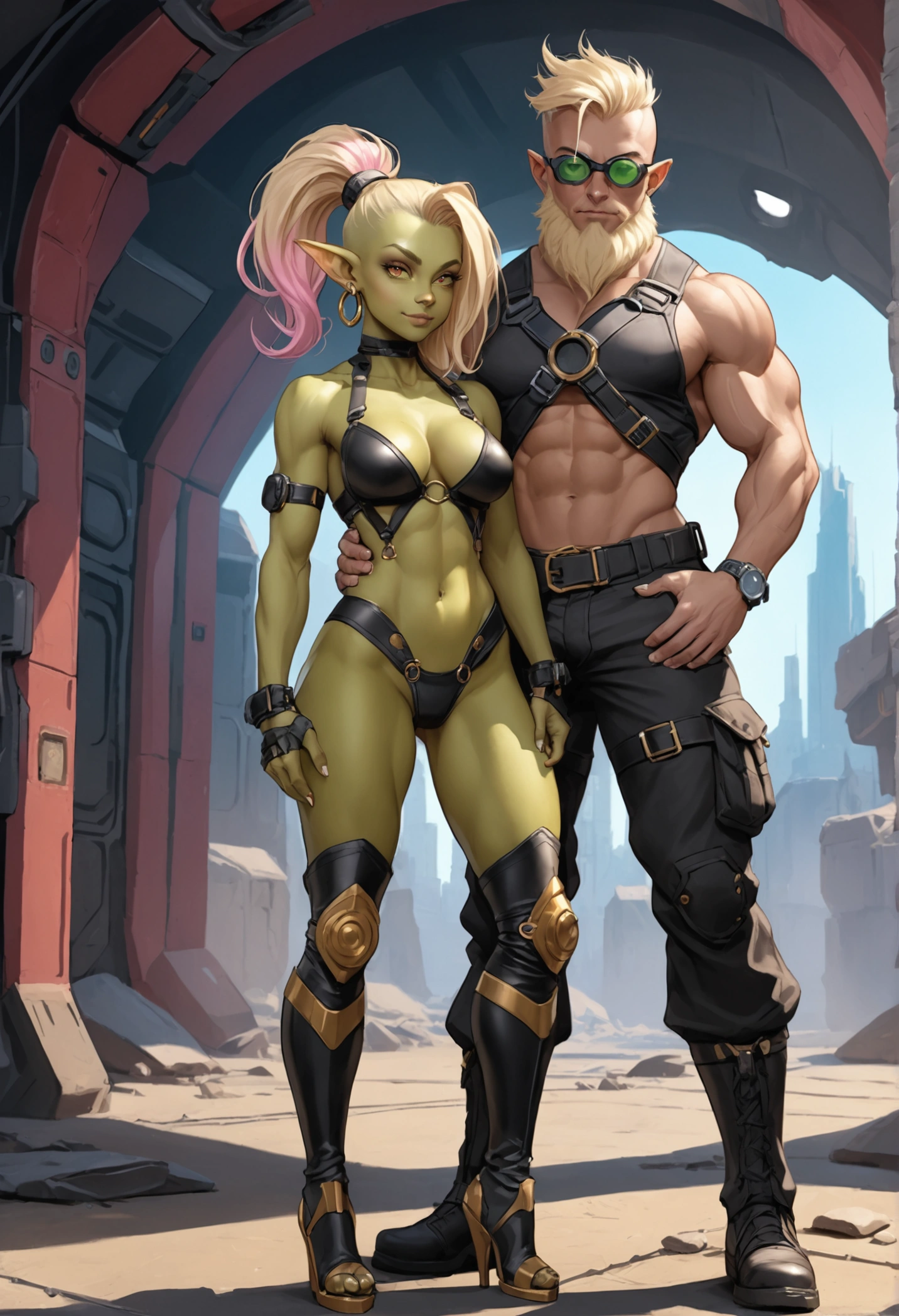 (Shadowrun) style full body shot of couple.

A futuristic (green skin) tiny lilliputian (goblin teenager) rebel bimbo netrunner girl with goggles up on on forehead, blonde hair with pink highlights, white sexy revealing clothes, leggings, (high heeled thigh high boots), big golden hoop earrings. She has sexy perky round high profile breasts, perky muscular bubblebooty ass, big augmented pout bimbolips, muscular thighs, breast implant contours visible, holding a futuristic handheld computer. She is smiling and horny.

Next to her is a male ork, muscular and handsome, bald with a strong beard, bionic implants, military cargo pants in multicam black and a shotgun on shoulder.

Photorealistic, extreme quality, 8K, HDR.