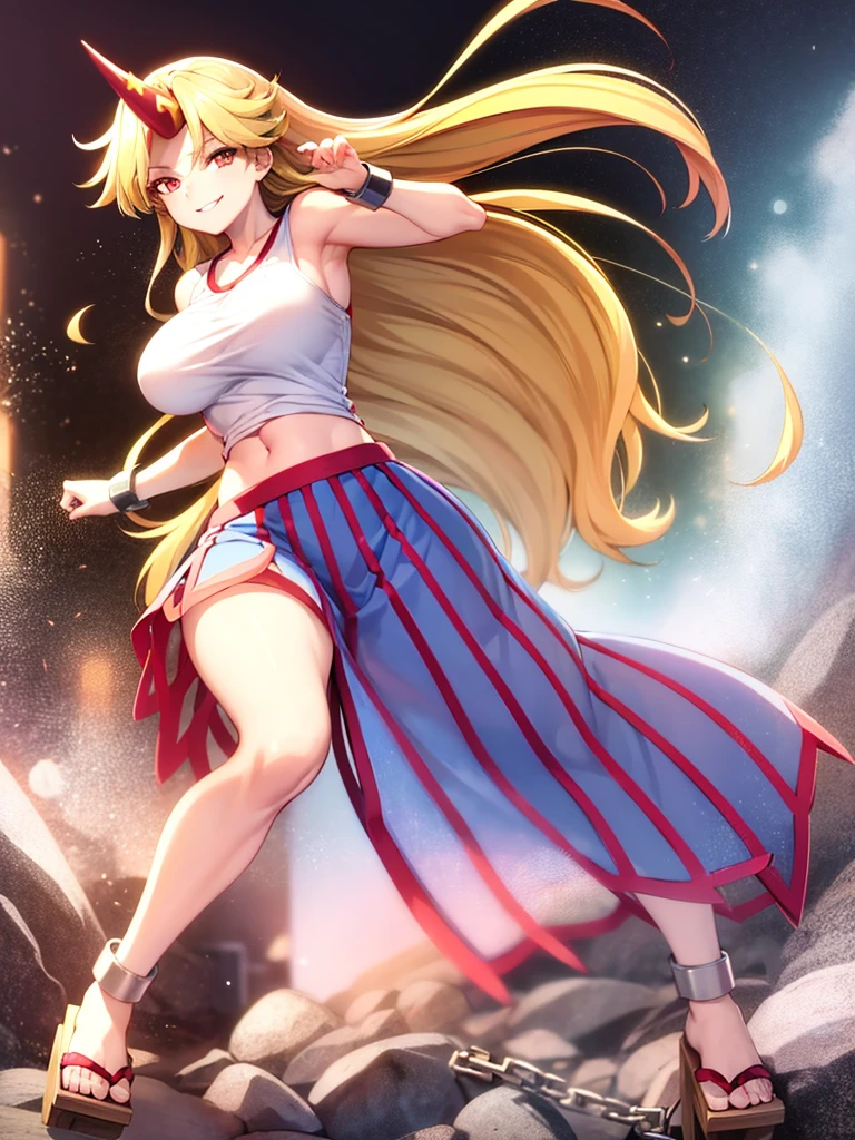 masterpiece, best quality,1girl, solo, hoshiguma yuugi, parody, horns, blonde hair, single horn, red eyes, long hair, full body, geta, torn clothes, cuffs, skirt, breasts, chain, smile, shirt, sandals, large breasts, star (symbol), medium breasts, t-shirt,
