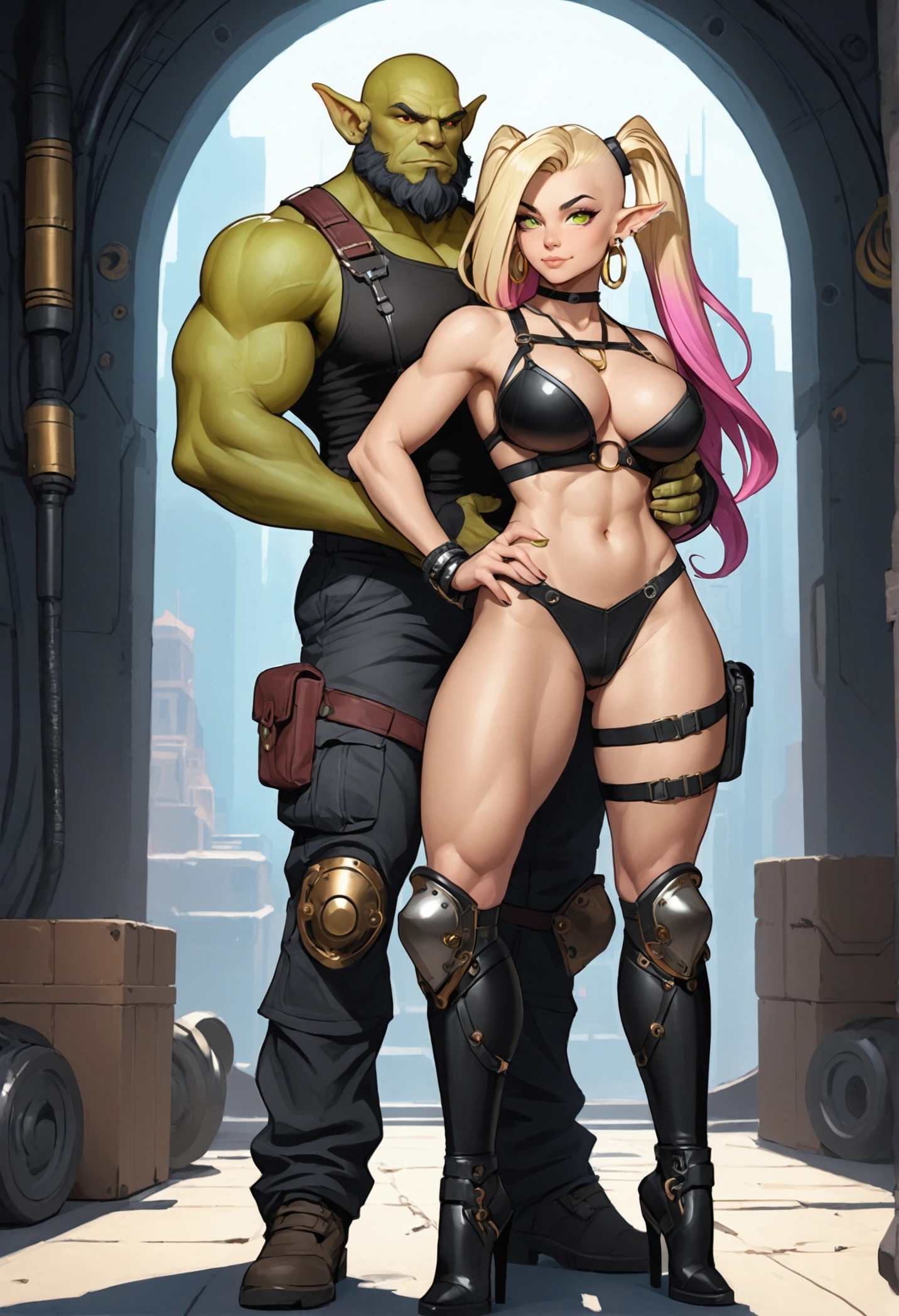(orczor),(masterpiece、highest quality:1.4)、(beautiful、perfection、delicate、detailed、complicated、beautiful:1.2),(big breasts:1.3,nipples are visible、shiny skin:1.5),cinematic lighting、((twin tails、brown hair、mature woman ))、 Moena、1 girl、blush、Sweat、(Helmet)、(((visor\(armor\):1.3)))、heart color、corset、topless、elbow gloves、garter strap、thigh boots、tattoo)、Dark caves、Dark prison、Dark Prison、dark dungeon、(narrow eyes,chest with a strong presence),cinematic lighting、((realistic))、fanny packing、heterosexual、penis、sex、vagina、1 boy、testis、large insertion、grab from behind、(Breast Grab:1.4) 、goblin、Green skin、巨大penis、solo focus、blush、raise your arms、pussy、大きなpenis、bound、Armpit、monster、clenching your teeth、bondage、Sweat、Lock、trembling、Drool、Size difference、後ろからのsex、bondage、saliva、At random angles