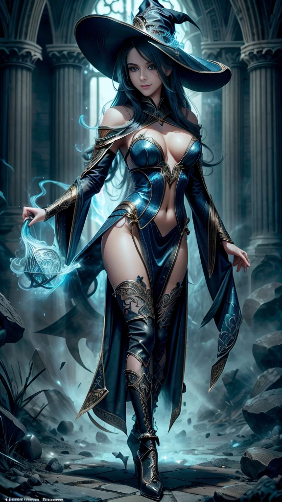 Sexy beautiful woman with a perfectly proportioned face, realistic facial expression, long black hair, light blue eyes, pale skin, wearing a black robe with intricate decorations, witch, confident expression (dynamic Angle, dazzling blue eyes, delicate necklace, charming smile), (magic mystical background, fireflies, glowing particles, ethereal fog, faint darkness), high saturation, movie light, edge light, best shadow