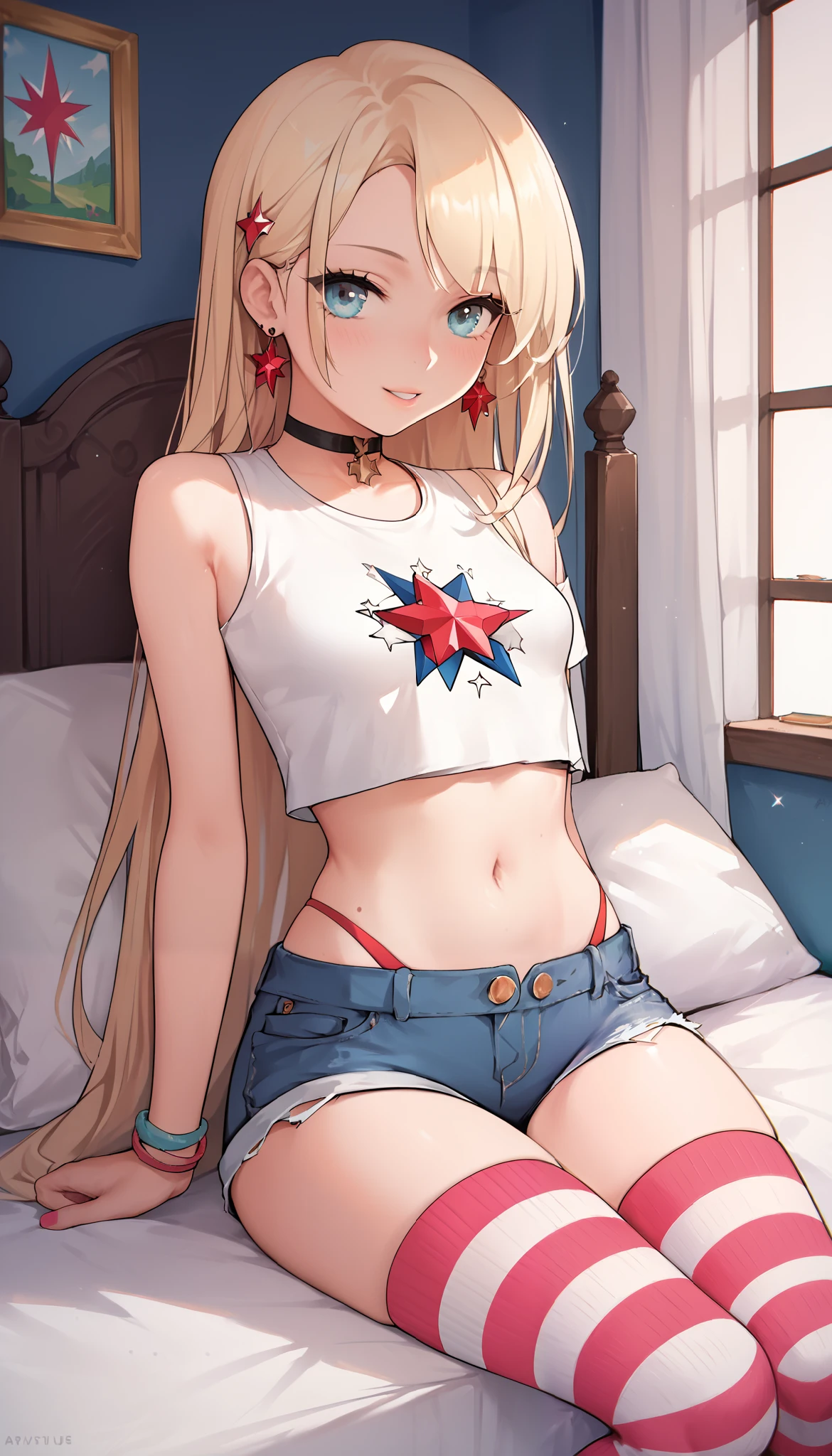 score_9, score_8_up, score_7_up, score_6_up, rating_safe, (masterpiece, best quality), 1girl, small breasts, small hips, crop top, denim shorts, bedroom, striped thighhighs, pervert,