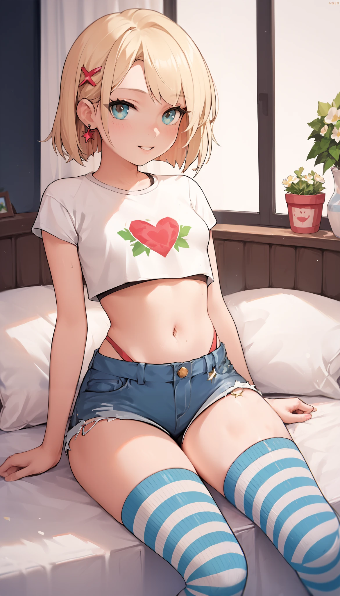 score_9, score_8_up, score_7_up, score_6_up, rating_safe, (masterpiece, best quality), 1girl, small breasts, small hips, crop top, denim shorts, bedroom, striped thighhighs, pervert,