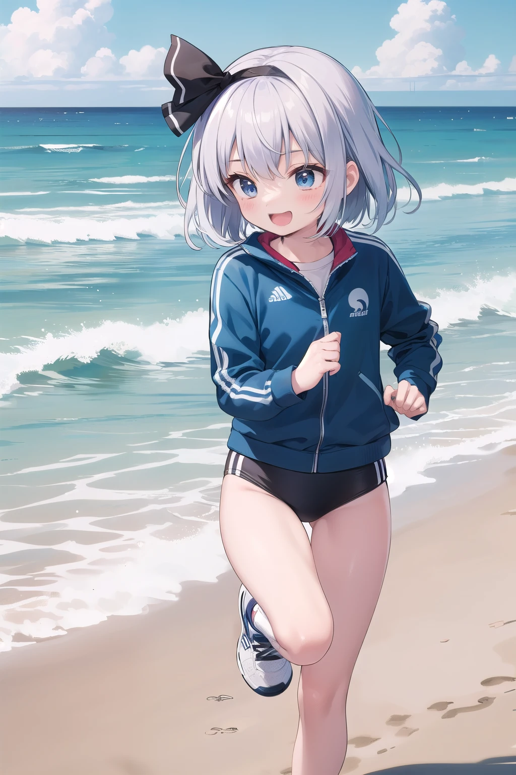 (((((whole body)))))、Youmu, This is a very cute gym uniform 、smile,、cowboy shot、Running on the beach、