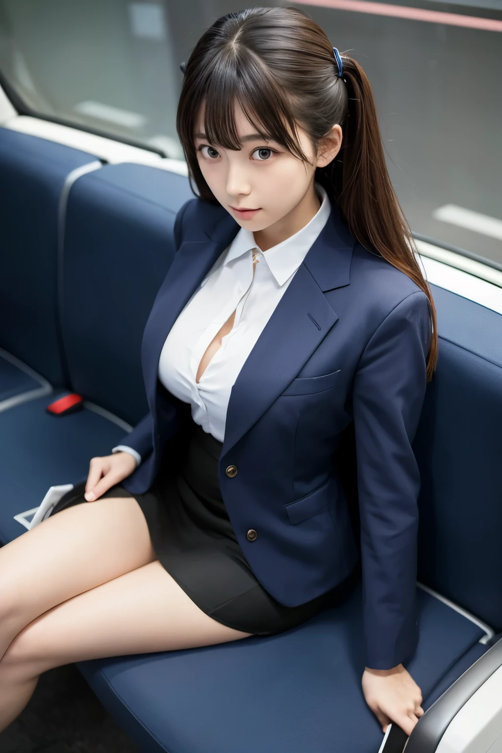 highres, ultra detailed, photorealistic, 1 beautiful Japanese cabin attendant, highly detailed beautiful face, medium hair, The beholder's gaze, ((cabin attendant uniform)), panties, no-bra, cleavage, sitting with legs spread, (Inside the Airplane: 1.2)