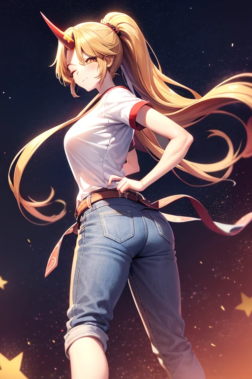 masterpiece, best quality,1girl, horns, solo, blonde hair, single horn, ass, pants, shirt, belt, long hair, ponytail, breasts, looking back, looking at viewer, denim, jeans, hoshiguma yuugi, star (symbol), from behind, smile, pointy ears, short sleeves, large breasts, butt crack, red shirt, red eyes, feet out of frame, hair ornament, starry background, alternate costume, alternate hairstyle, t-shirt, black belt, gradient background, yellow eyes, gradient, closed mouth, bangs, one eye closed, blush, star print, lowleg pants, oni, standing, hand up, knees together feet apart, back, print shirt

