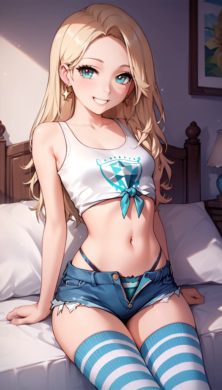 score_9, score_8_up, score_7_up, score_6_up, rating_safe, (masterpiece, best quality), 1girl, small breasts, small hips, pull up crop top, unzipped denim shorts, sexy underwear, bedroom, striped thighhighs, pervert, playful smile