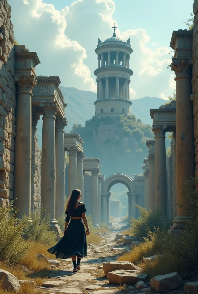 dramatic photo realistic an Graeco-Roman ancient city ruin, desolate and abandon, weed and bushes, old water tower, a warrior girl with dark clothes wandering around