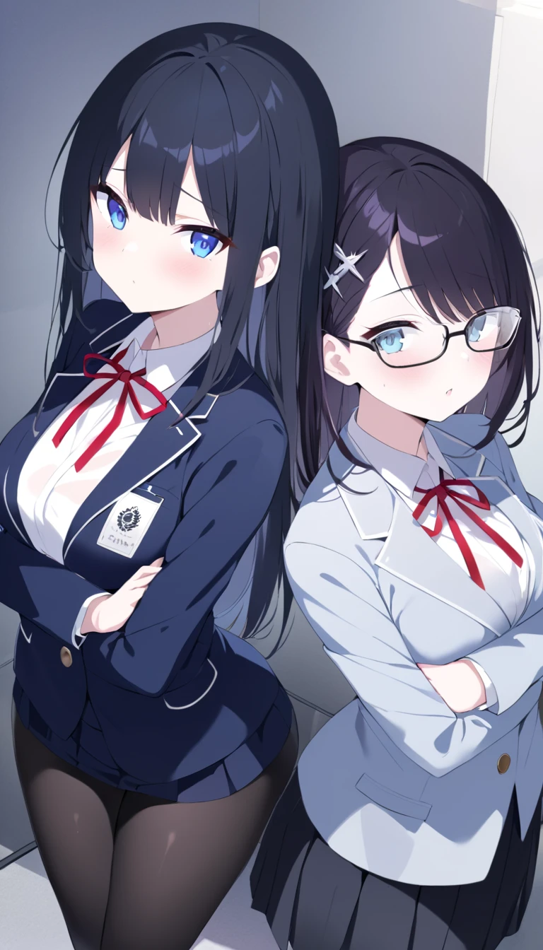 NSFW uncensored partial ban, super high image quality, two girls, school blazers, uniforms, chairman, purplish black hair, blue eyes, beautiful baby face, red slender, small square glasses, shiny skin, one with their arms crossed, school blazer uniforms, hood friends, 30 denier black tights with transparent skin, purplish black hair, blue eyes, medium breasts, two people side by side and watch the viewer from the front 