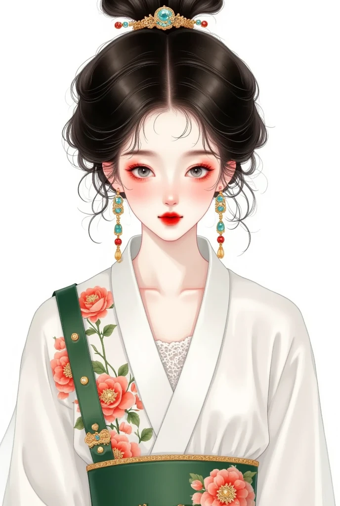 1 Girl,bead,black eyes, dark haired,, Chinese Clothes ,Shut up,skirt,earrings,gem,Jewelry,Lips,Lipstick,Long sleeve, View Audience,cosmetic,red Lips, Smile, unique ,tassel, upper body