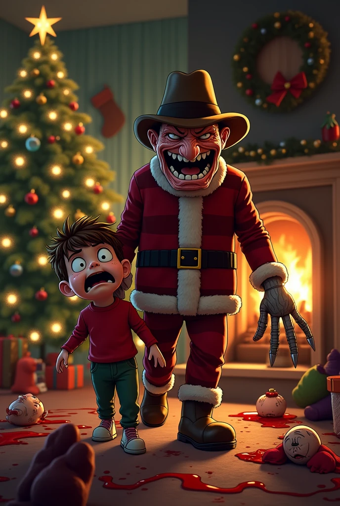 a young girl receiving the greatest present of her life,joy lights up her face BREAK
a man in scream mask and black cloak is standing behind her,his arm raised with a knife to kill BREAK
a very scary christmas