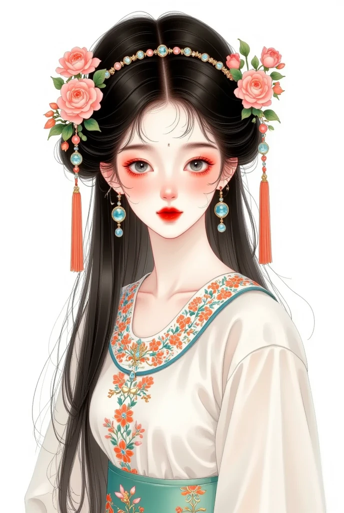 1 Girl,bead,black eyes, dark haired,, Chinese Clothes ,Shut up,skirt,earrings,gem,Jewelry,Lips,Lipstick,Long sleeve, View Audience,cosmetic,red Lips, Smile, unique ,tassel, upper body