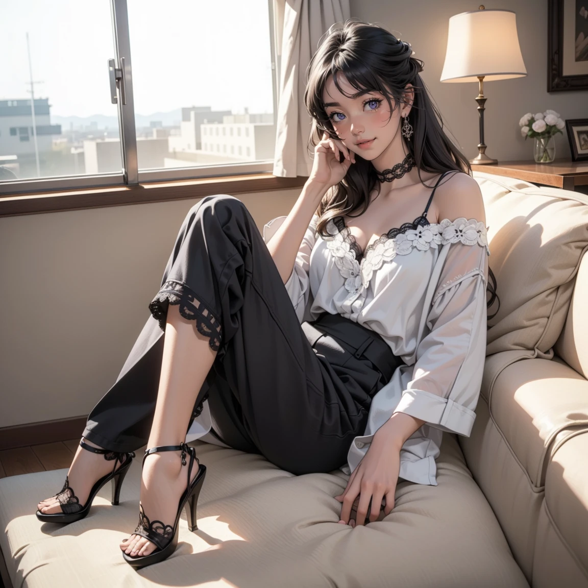 Masterpiece, best quality, soft light, sharp focus.(hyper realistic:1.4). (full body:1.5), (((solo)))

mai sakurajima, long black hair, bangs, purple eyes, 

(intricate all lace:1.6),

A fitted short black lace lingerie, paired with black stiletto heels and a metallic clutch, creates a sensual yet classy look. Accessories include long earrings, a fine choker, and a delicate bracelet. The makeup features a luminous base, neutral eyeshadows, red lips. The hairstyle is loose with soft waves, complemented by an elegant perfume with floral or woody notes.

indoors, living room, couch, lamp, window

in a living_room with warm lighting from vanity lamps, featuring vibrant colors and a strong contrast created by the play of light and shadows