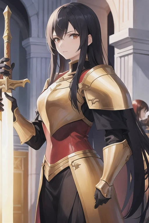 Female Knight,  young woman, Woman in her early 20s, Mature woman,  No Emotion,  black hair bundled together ,  standing in a castle, Red and yellow armor , Life Sword , Sword in right hand,  best quality,  high definition ,  Very detailed,  detailed background,  perfect lighting