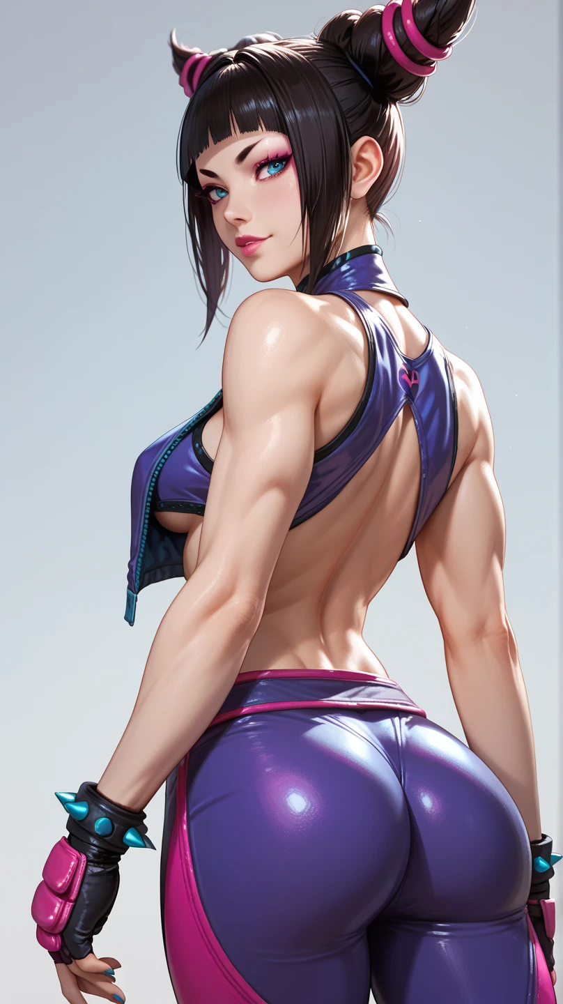 high contrast, (8K UHD:1.2), (photorealistic:1.2),(masterpiece:1.4), (best quality:1.4),extremely detailed wallpaper, highly detailed illustrations, ((1 Girl)) , (super-complex details) official art, unity 8k wallpaper, ultra detailed, beautiful and aesthetic, masterpiece, best quality, ( zentangle, mandala, tangle, entangle), (fractal art:1.3) , masterpiece, , intricate detail,((bulking)),covered body upper body,(body builder:1.7), muscular, bob hair, busty, sexy, curvy, upper , raised hand, armpit, masterpiece, best quality, high quality, high definition, high quality texture, high quality shadow, high detail, beautiful detailed, fine detailed, extremely detailed cg, detailed texture, a realistic representation of the face, realistic, colorful , delicate, cinematic light, side light, Lens Flare, Ray Tracing, tailed beautiful delicate face, detailed beautiful delicate eyes, mature female, long hair, bored, pompadour cut, muscular, toned, navel, ripped abs, thick thighs, broad shoulders, big arm muscles, meaty leg muscles, thick eyelashes, makeup, (( black and purple hair, black-full-top, purple-pajama)), ((showing her back and big ass)).