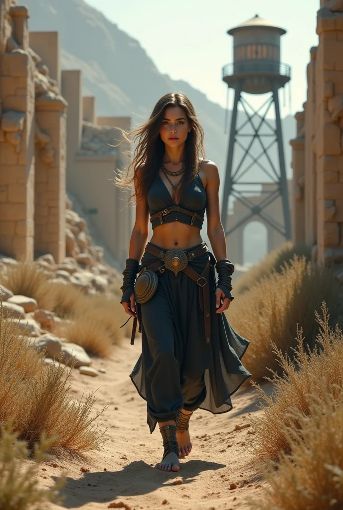 dramatic photo realistic an Egyptian ancient city ruin, desolate and abandon, weed and bushes, old water tower, a warrior girl with dark clothes wandering around