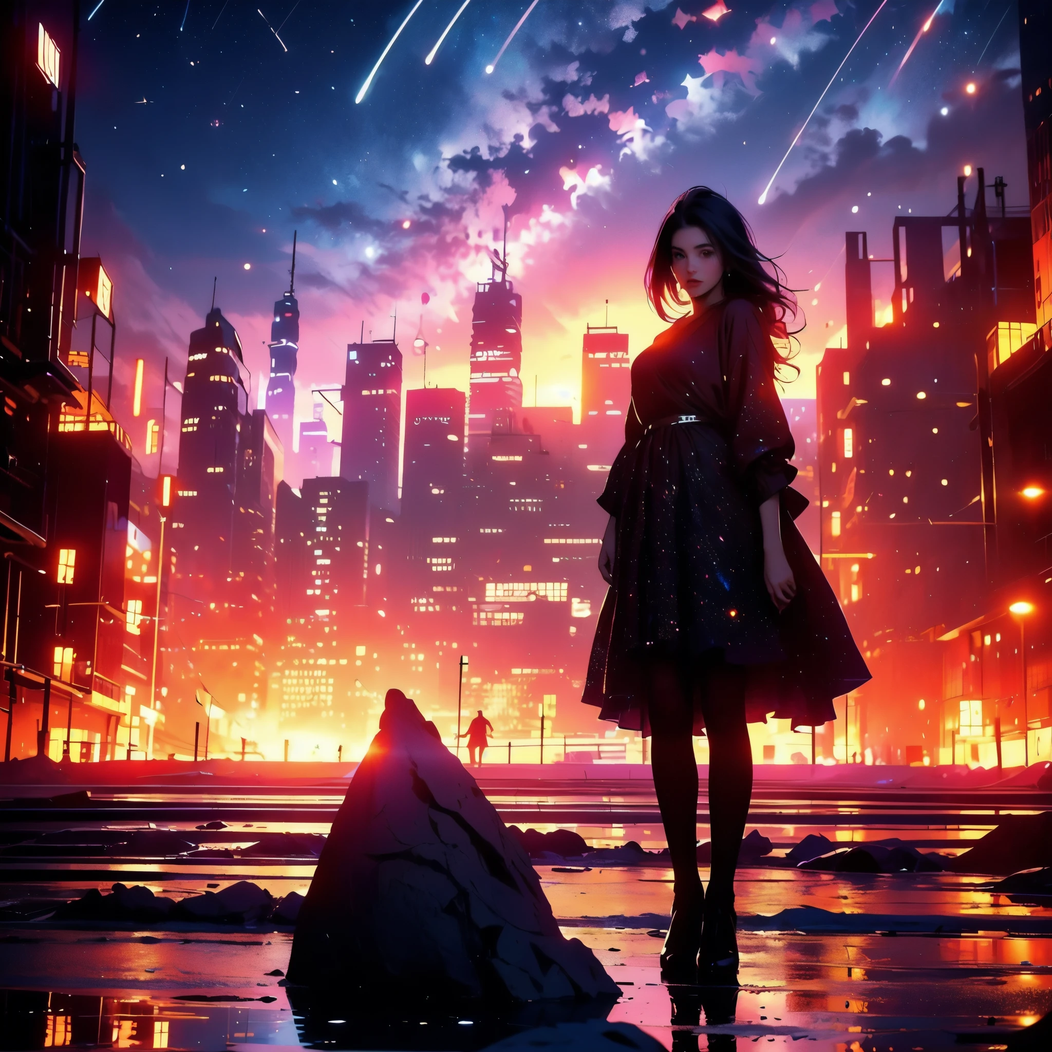 is the best quality,masterpiece, ultra-high resolution,Silhouette,Sky,Star (Sky),landscape,moon,Starry Sky,shooting Star, unmanned ,Outdoors,architecture,night,City,Cityscape,Sunset,1 Girl,