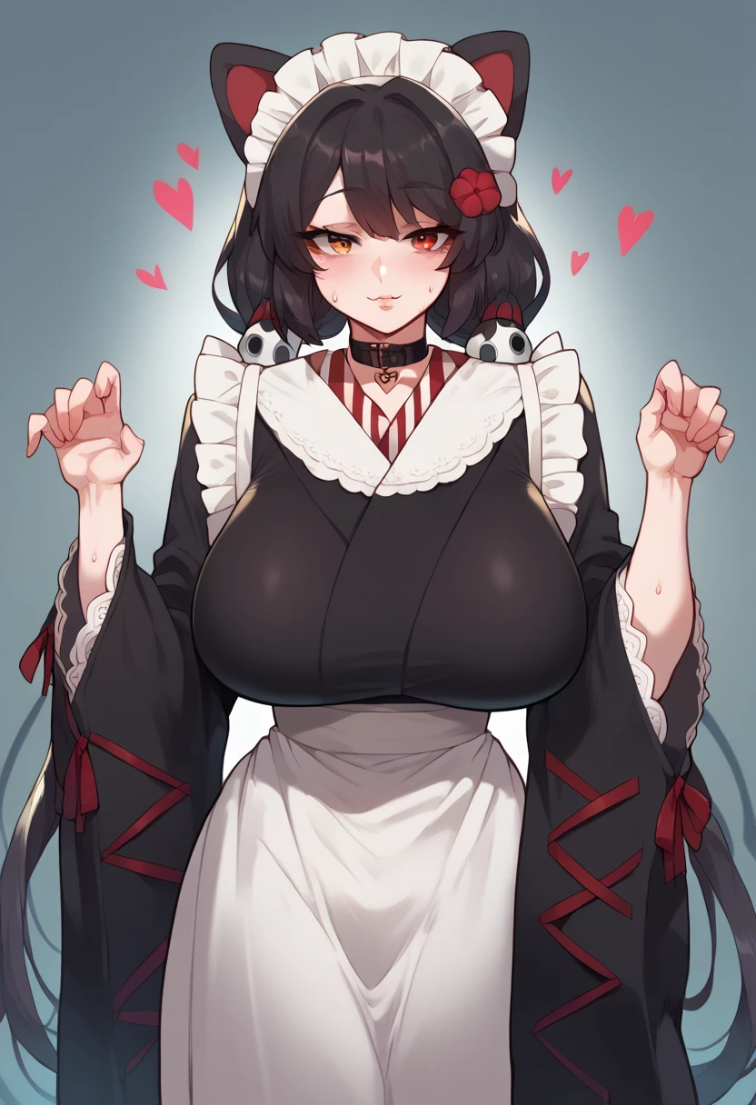 Hyper realistic, it1, flower, twintails, low twintails, very long hair, dog girl、 girl standing 、
choker, maid headdress, black kimono, wide sleeves, frills, Heart, white apron, sleeves past wrists, skirt, red skirt, perfect face, perfect lighting,, sexy female, huge breasts, sweat, hanging breasts,、The chest part of clothes that looks like it's going to break
、 behind a large school building