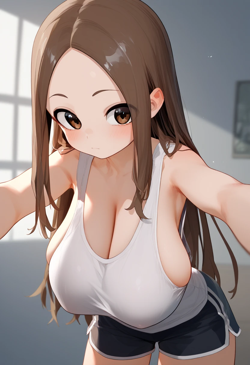 、takagi-san、score_9, score_8_up, score_7_up, 1girl, alone, Takagi, brown hair, brown eyes, long hair,   tank top in front of urinal 、 shorts、(huge breast)、saggy breasts、breasts the same size as the upper body、hanging breasts、
、 short stature 、 is short、(Loli Big )、Lori、1girl,
{Highest quality}, {so beautiful}, {Very detailed}, {Best illustrations},Life、slim:1.5、