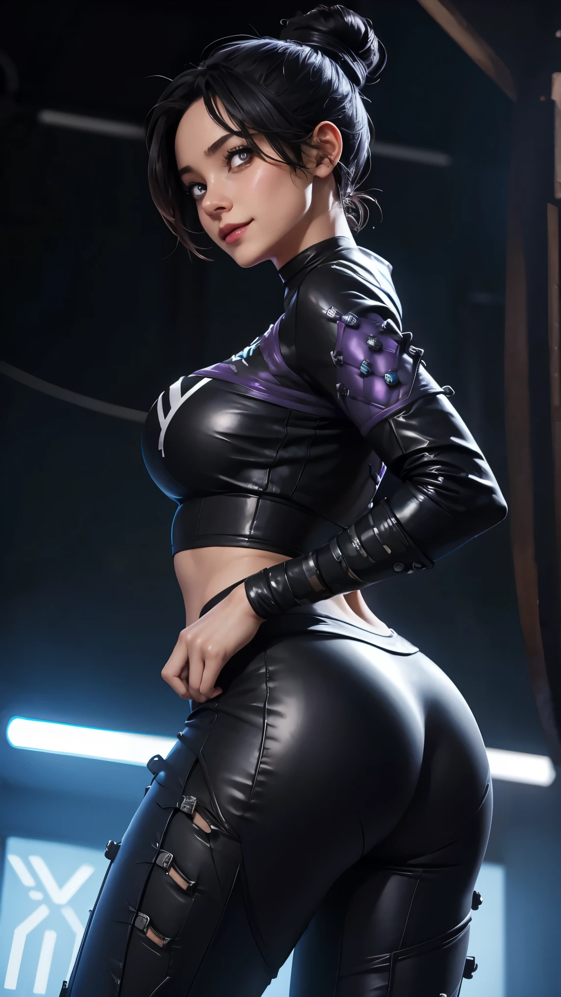 Wraith Apex Legends, Underboob t-shirt, latex leggings, perfect ass, perfect breast, perfect body, slim, sexy, beautiful, cute, smile, 8k