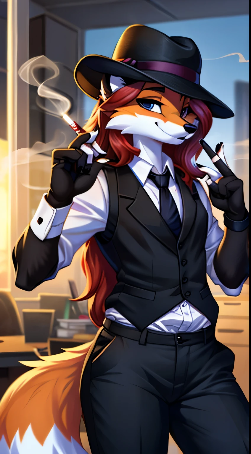 masterpiece, Best quality, Fox, long hair, (cute face 1:1), smokes a cigarette, Cigarette in hand, in black trousers, in a red shirt, in a black vest, wearing a black fedora hat, wearing fingerless gloves, in the office