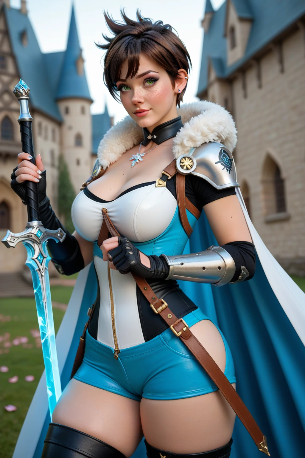 masterpiece, best quality, 1girl, solo, standing, jainapost, multicolored hair, white hair, (single braid:1.1), chest strap, cleavage, armor, corset, blue cape, gauntlets, bracer, greaves, long sleeves, parted lips, hand on hip, dark, huge breasts, bursting breasts, magic, spell, crystal, frost, ice, blizzard,,,,,shorts