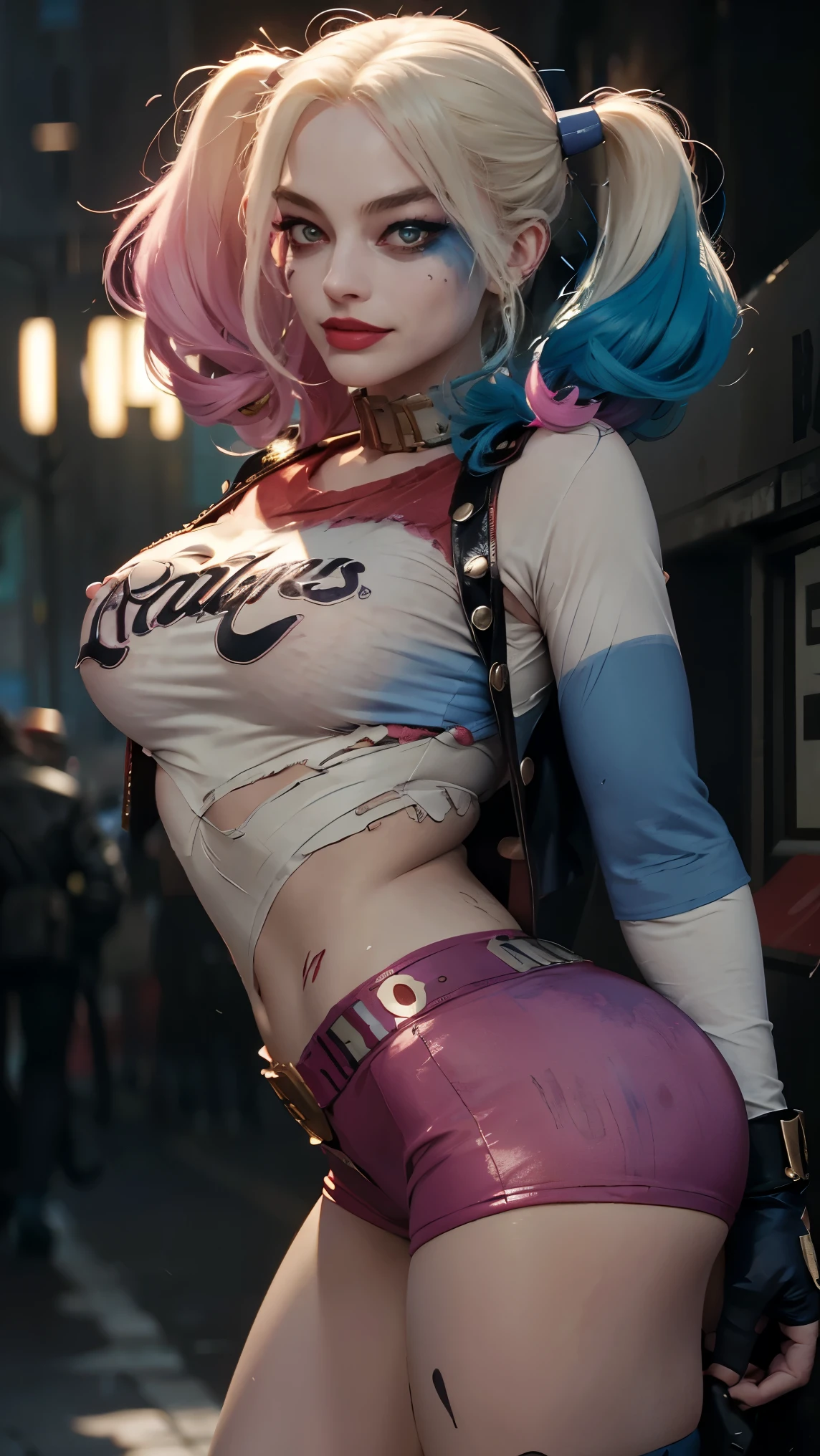 Harley Quinn, back view, big ass, perfect breast, beautiful, sexy, slim, cute, highly detailed, deep focused image, realistic full-lenght photo, sexy gold jumpsuit