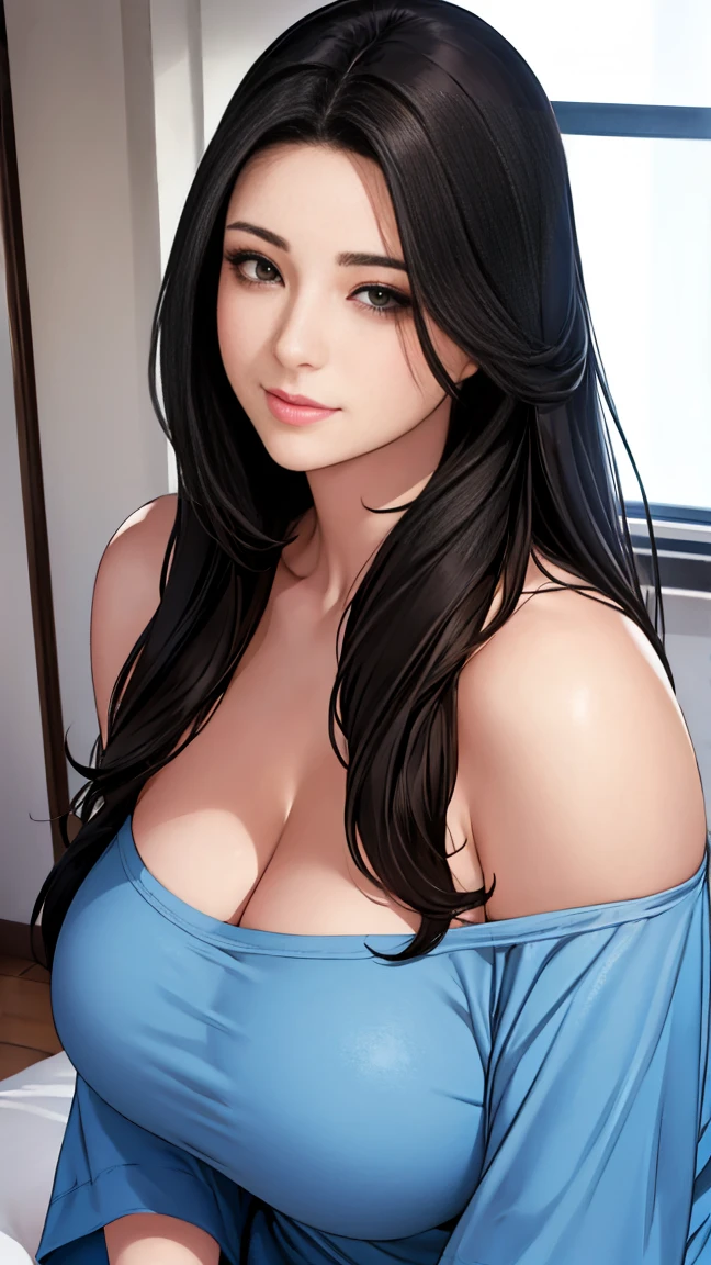 I am a 19 year old teenage girl, slightly large hips, long straight hair, ((hair detail)) (face detail), round face, smiling, masterpiece, high resolution, ((skin detail)), (face detail), (hair detail)), big , innocent girl,  face, soft girl, beautiful breasts, pale skin, realistic lighting, (((Off-the-shoulder clothing))), (casual wear), cute hair accesories, show cleavage, (wearing a oversize tshirt), Ultra HD, ultra realistic, FHD, mole at the corner of the chin,