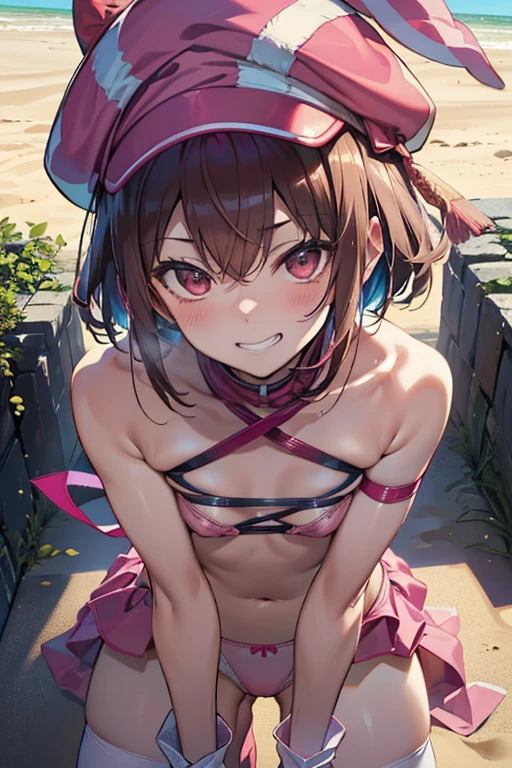 (straddling:1.2), spread legs, knees away,  (leaning forward:1.5), (from above:1.2),((close up head)), (upper body:1.2), 
seductive grin smug, embarrassed, drunken eyes, blush, smiling showing teeth, 
Llenn,anime style,(( best quality)), ((masterpiece)),( Details), high definition ,Sharp focus, perfect face, beautiful eyes,{best illustration},(非常に Details CG unity 8k wallpaper), ((( vibrant colors))),(((shiny 肌,very shiny 肌, shiny body on the sheet))),(plastic glitter 肌),(exaggerated shiny 肌,illuminated skin),1teen girl, slim, small, (flat chest), Short Hair, light brown hair, undressing, half undress, Pink jacket, fur trim, gloves, (straps), Pink animal hat, knee pads, Bra, (High-Waisted Panties:1.1), 

sand漠,(sand丘,sand:1.2),Dust,Windy,sandstone,Ancient weathered stone columns,
Ancient temple ruins,Marble pillar,Marble floor,White stone wall,Plants that decorate the surrounding area,