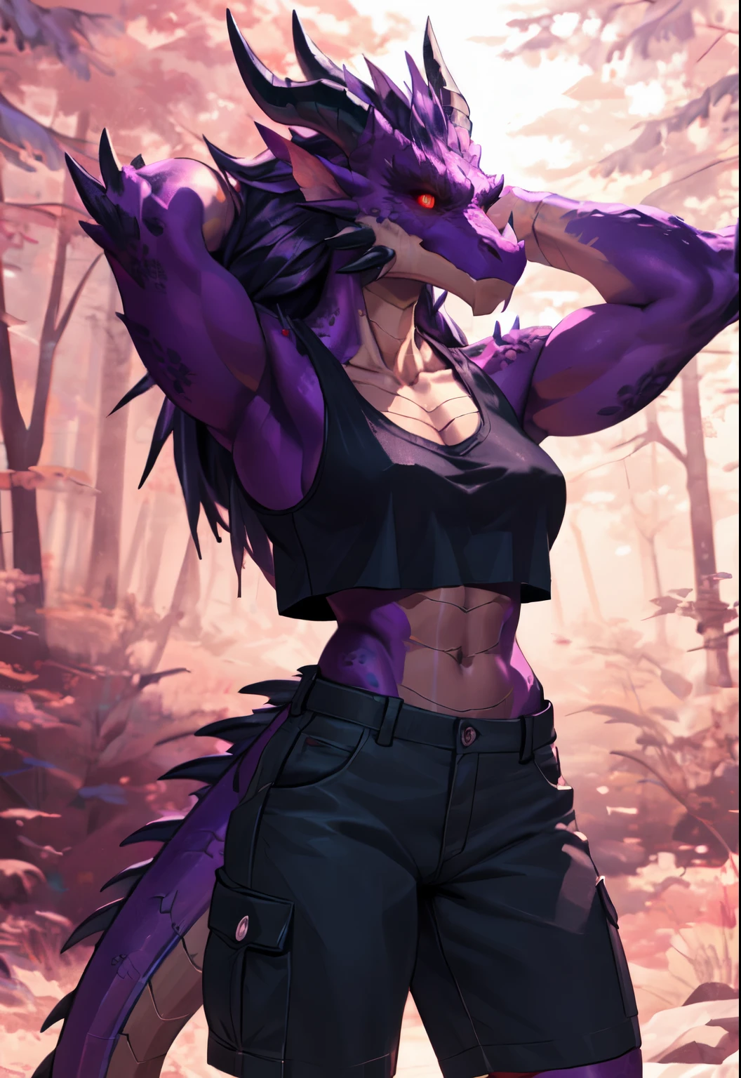 exquisite portraits,dragon,Humanity,woman,alone,Empty,Detailed background,By Carme 3,three quarter view,forest,crop top,cargo shorts,red sclera,yellow eyes,Purple accent,glowing accents,Put your hands behind your head,beast