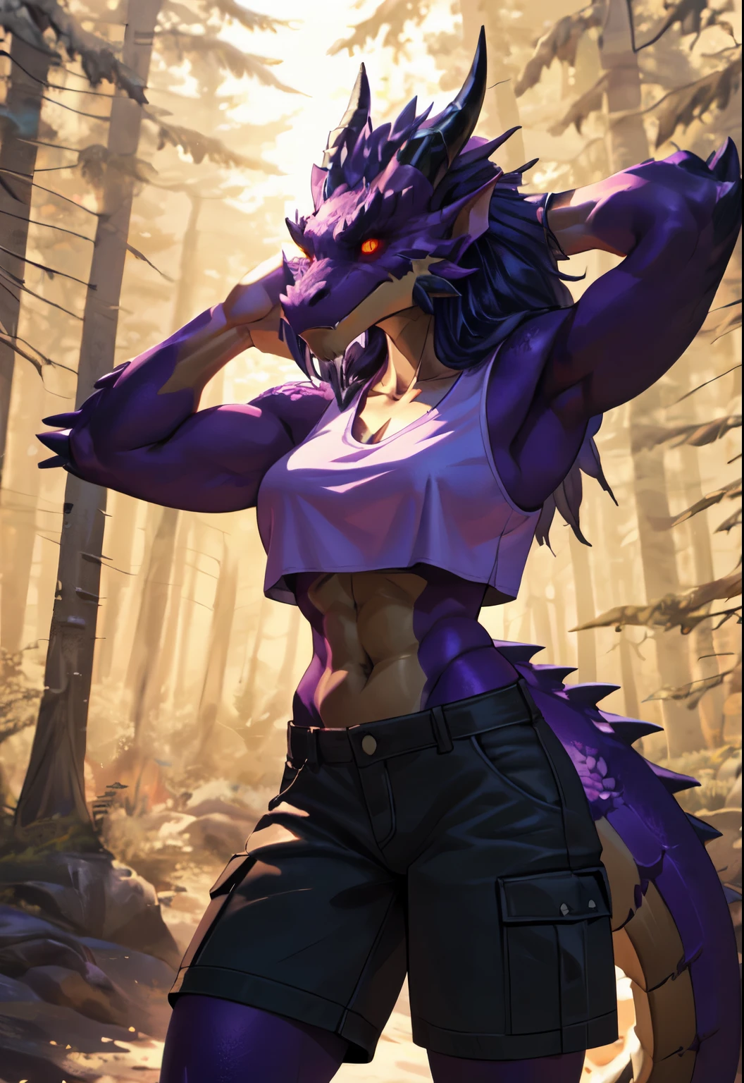 exquisite portraits,dragon,Humanity,woman,alone,Empty,Detailed background,By Carme 3,three quarter view,forest,crop top,cargo shorts,red sclera,yellow eyes,Purple accent,glowing accents,Put your hands behind your head,beast