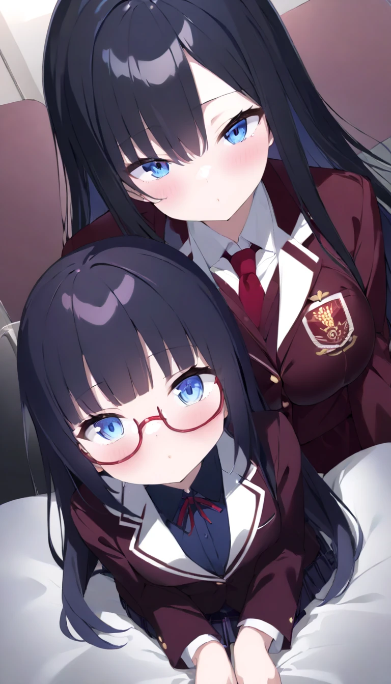 NSFW uncensored partial ban super high image quality, one girl, school blazer, uniform, chairman, purplish black hair, long hair, blue eyes, beautiful baby face, red slender, small square glasses, shiny skin, oneshota sandwiching the viewer's dick between her chest 