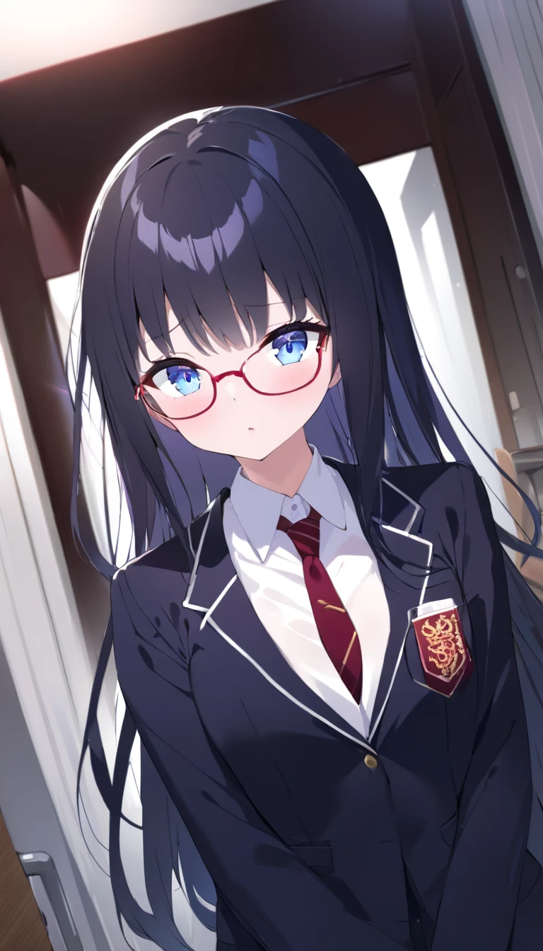 NSFW uncensored partial ban super high image quality, one girl, school blazer, uniform, chairman, purplish black hair, long hair, blue eyes, beautiful baby face, red slender, small square glasses, shiny skin, oneshota sandwiching the viewer's dick between her chest 