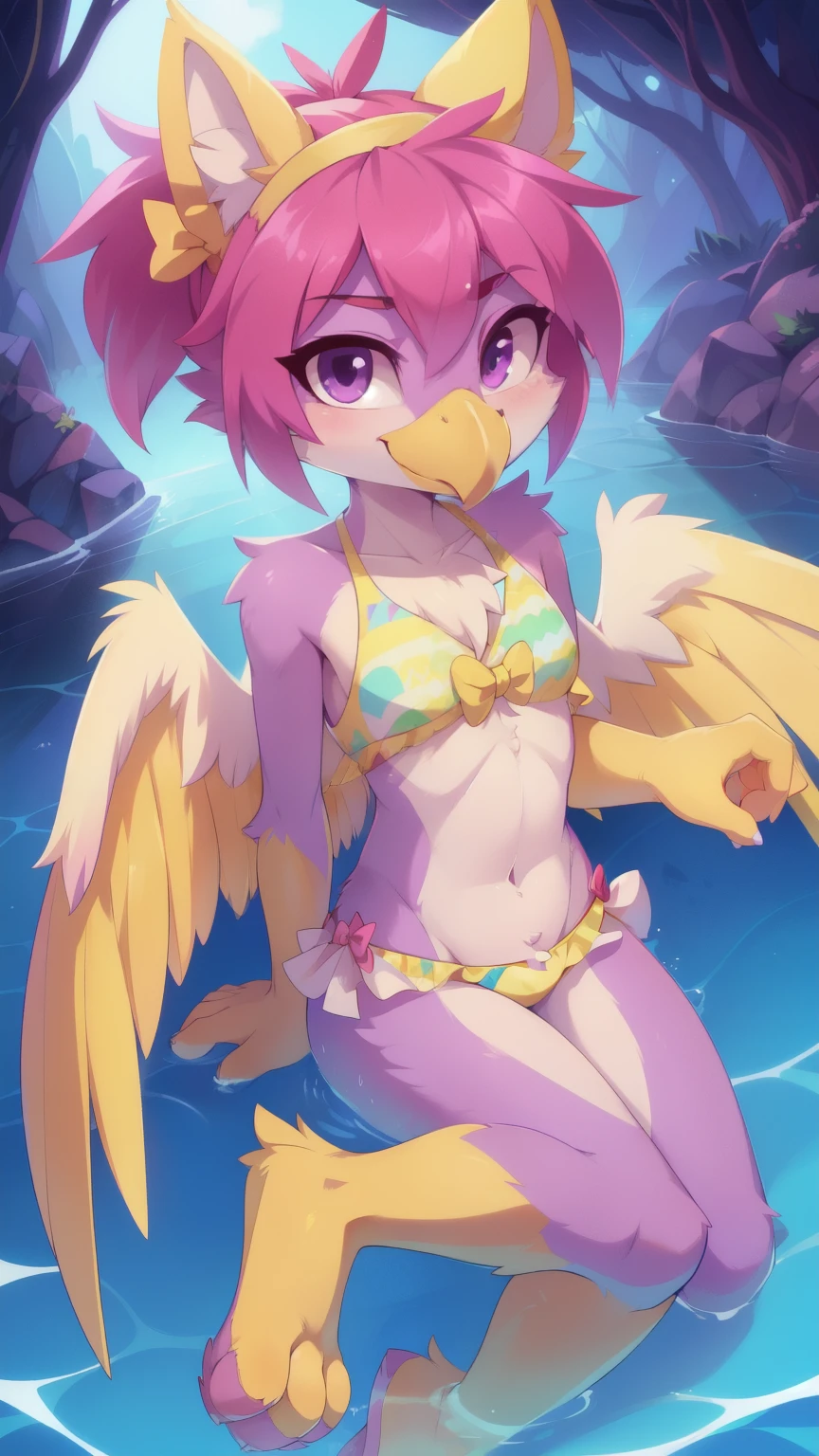 score_9,score_8_up,score_7_up, source_cartoon, source_furry, Furry girl, bird, yellow bird beak, magenta hair, spiky hairstyle, pointy bangs, short pointy ponytail, anime style, small breasts, purple eyes, big eyebrows, purple animal ears, ((yellow ruffled frilly swim top, yellow ruffled frilly swim bottom, yellow headband with ribbon)), high quality, detailed body, detailed eyes, detailed face, masterpiece, glistening body, detailed body fur, best quality, clear purple body fur, skinny, purple feathered wings, avian, detailed hands, perfect lighting, perfect shadows, perfect eyes, perfect hair, perfect face, gorgeous body, full body, ((yellow feets, feets with three toes, 3 toes)), smirk, navel, detailed Illumination, front Illumination